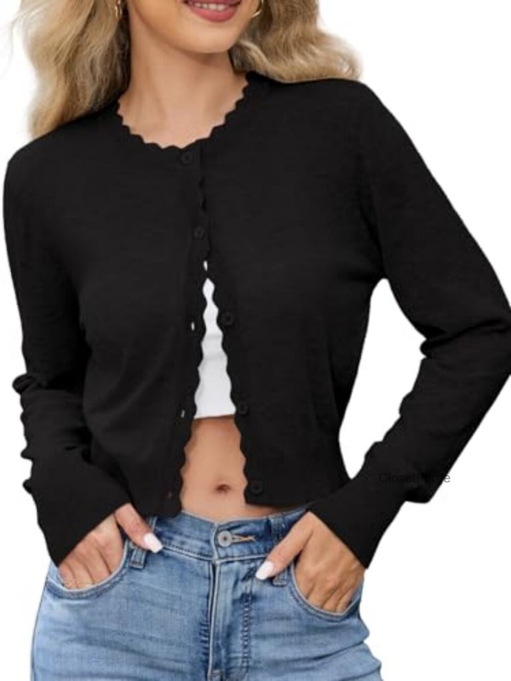 Women's Scalloped Crewneck Cropped Cardigan Knit Bolero Shrug Long Sleeve